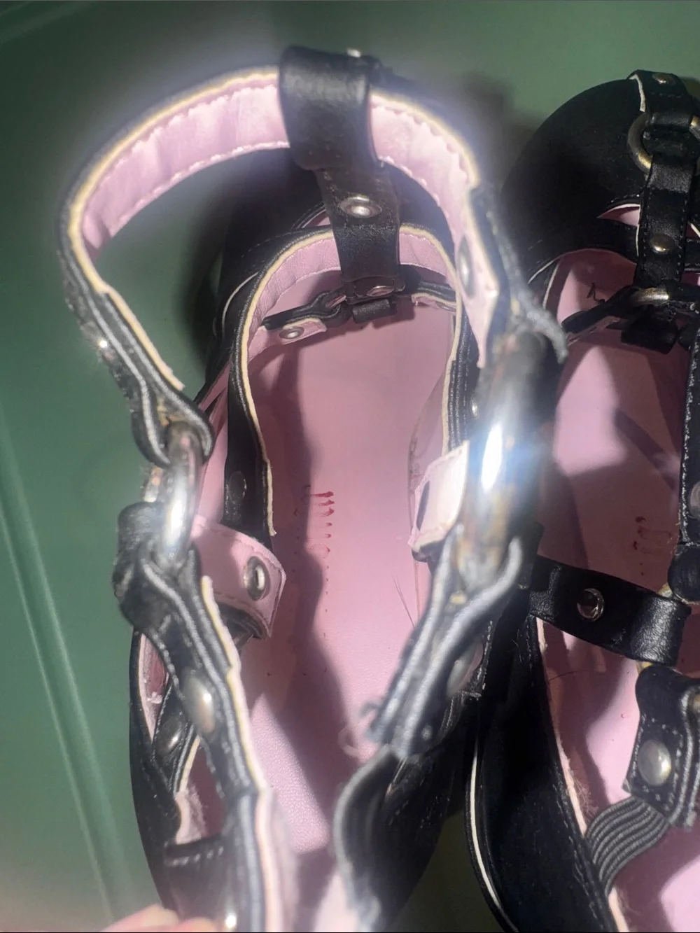black platform demonias with pink interior